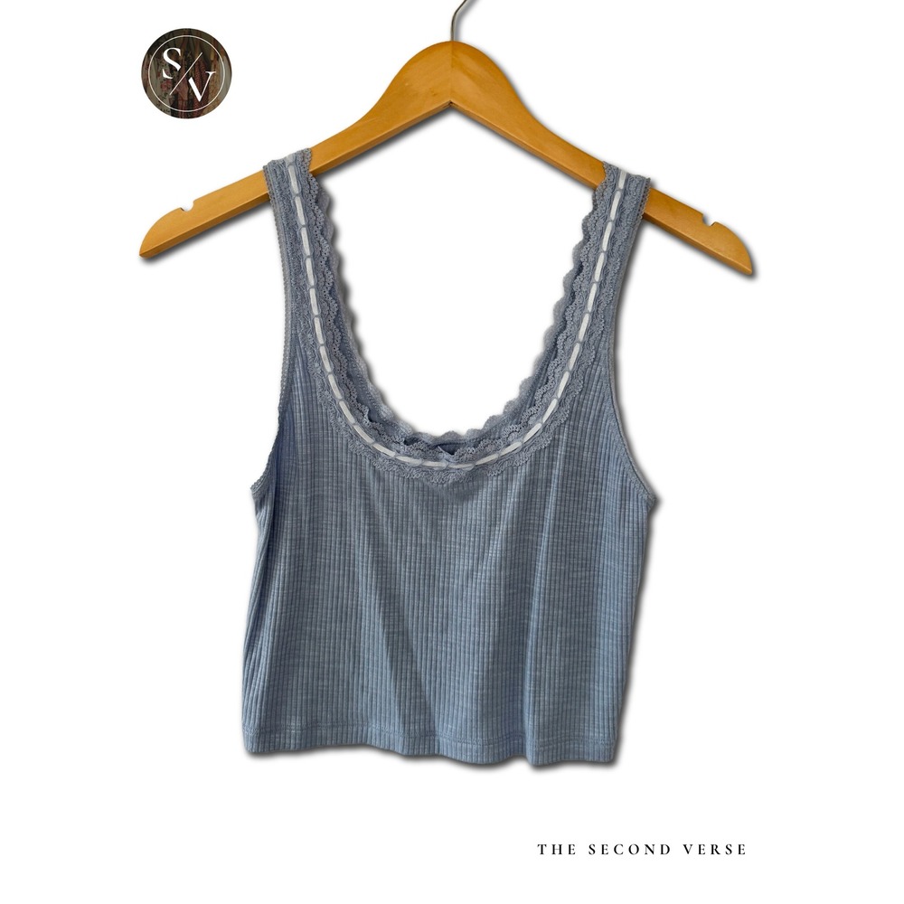 Aerie Ribbed Lace Trim Tank Top Womens Coquette Balletcore Blue Medium NWT